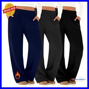 Plus Size Fleece Lined Sweatpants Wide Leg Joggers 3 Pack Drawstring Pockets